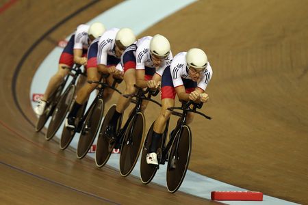 Oliver Wood leads Andrew Tennant, Kian Emadi-Coffin and Mark Stewart of Great Britain during the Men's Team Pursuit Qualifying at the Sir Chris Hoy Velodrome