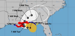 A map shows the range of possible paths for the center of Hurricane Sally, though the National Hurricane center said it's still uncertain what direction the storm will go.