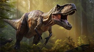 An illustration of a T. rex opening its mouth in a wooded environment