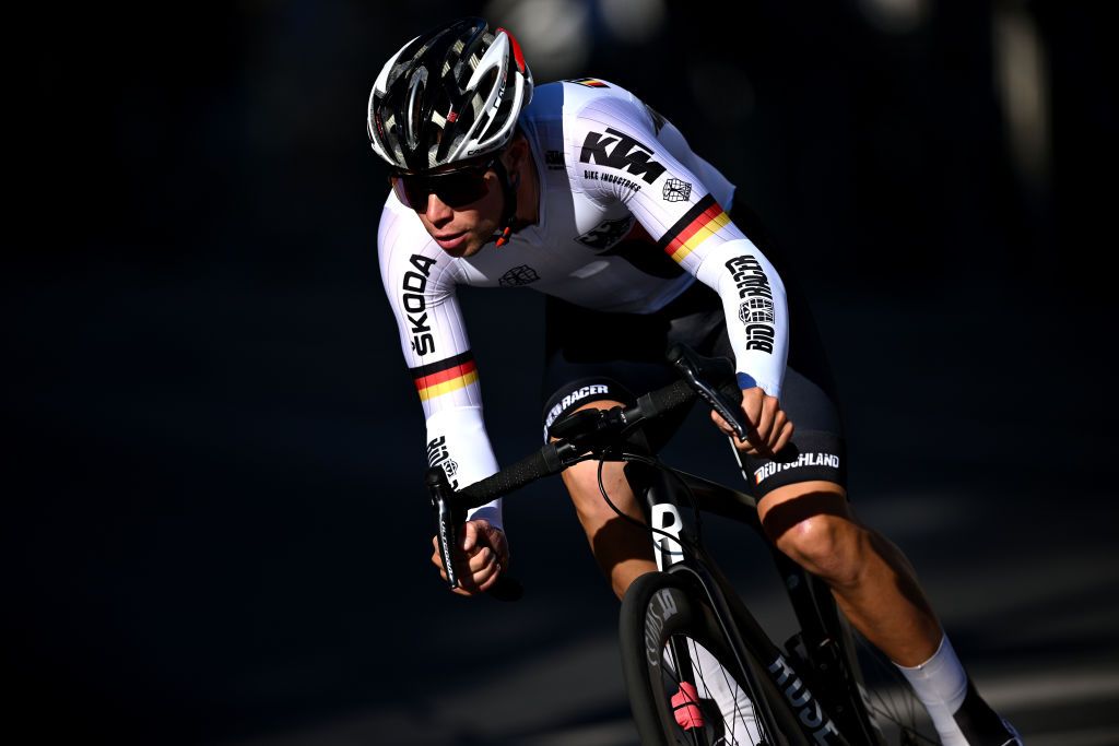WEIMAR GERMANY AUGUST 24 Pirmin Benz of Germany and Team Germany sprints during the 37th Deutschland Tour 2022 Prologue a 26km individual time trial from Weimar to Weimar DeineTour on August 24 2022 in Weimar Germany Photo by Stuart FranklinGetty Images