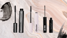 Three of the best natural-looking mascaras (L-R) from Perricone MD, Glossier and 19/99, on a marbled background with two black mascara swatches