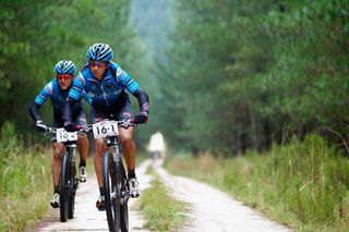 Nico Bell (front) and Gawie Combrinck of Team Westvaal Bells Cycling, pictured here on their way to overall victory last year, are the favourites for the men's title at the 2013 Cape Pioneer Trek, which starts near Oudtshoorn on Sunday.