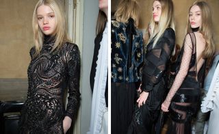 Models wearing long, black see-through lace dresses, from Emilio Pucci A/W 2015 collection.