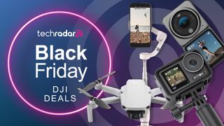 A range of DJI products next to Black Friday graphics and on dark purple background