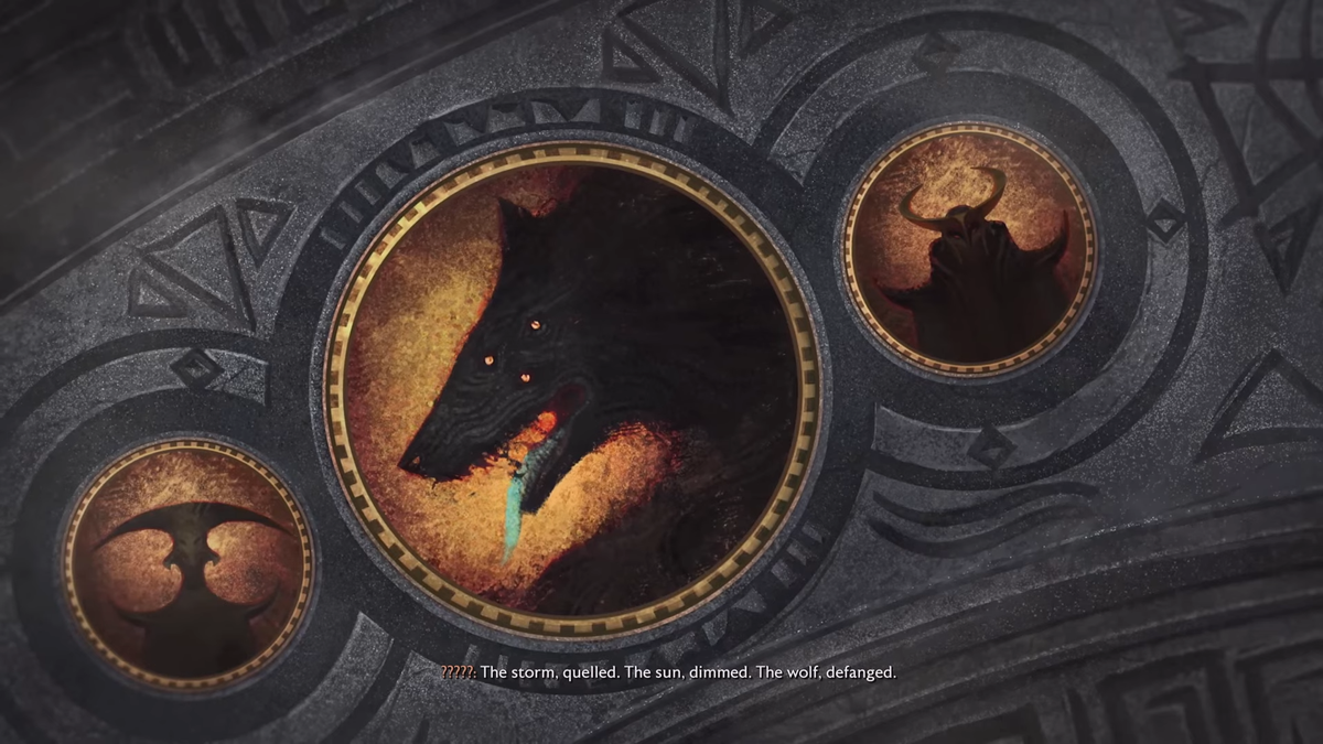 The Veilguard post-credits scene - the dreadwold, Elgar'nan, and Ghilan-nain, with the caption "The storm quelled. The sun dimmed. The world defanged"
