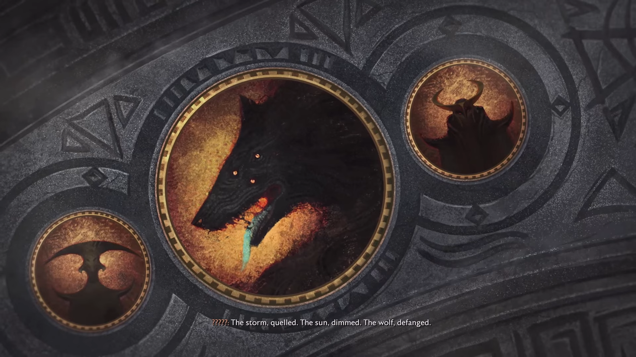 The Veilguard post-credits scene - the dreadwold, Elgar'nan, and Ghilan-nain, with the caption "The storm quelled. The sun dimmed. The world defanged"