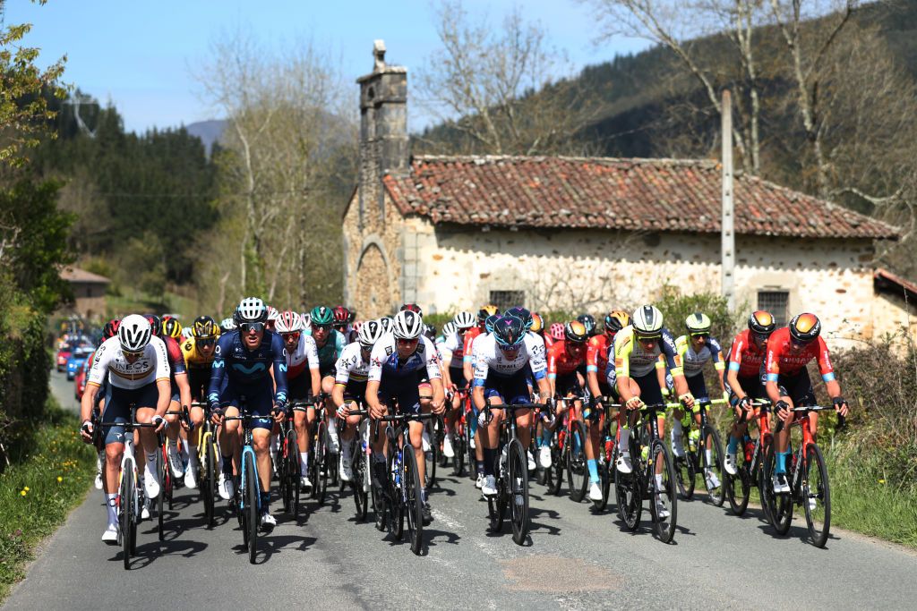 AMURRIO SPAIN APRIL 06 LR Omar Fraile Matarranz of Spain and Team INEOS Grenadiers Sergio Samitier Samitier of Spain and Movistar Team Mauri Vansevenant of Belgium and Team QuickStep Alpha Vinyl and Alessandro De Marchi of Italy and Team Israel Premier Tech leads the peloton during the 61st Itzulia Basque Country 2022 Stage 3 a 1817km stage from Llodio to Amurrio itzulia WorldTour on April 06 2022 in Amurrio Spain Photo by Gonzalo Arroyo MorenoGetty Images