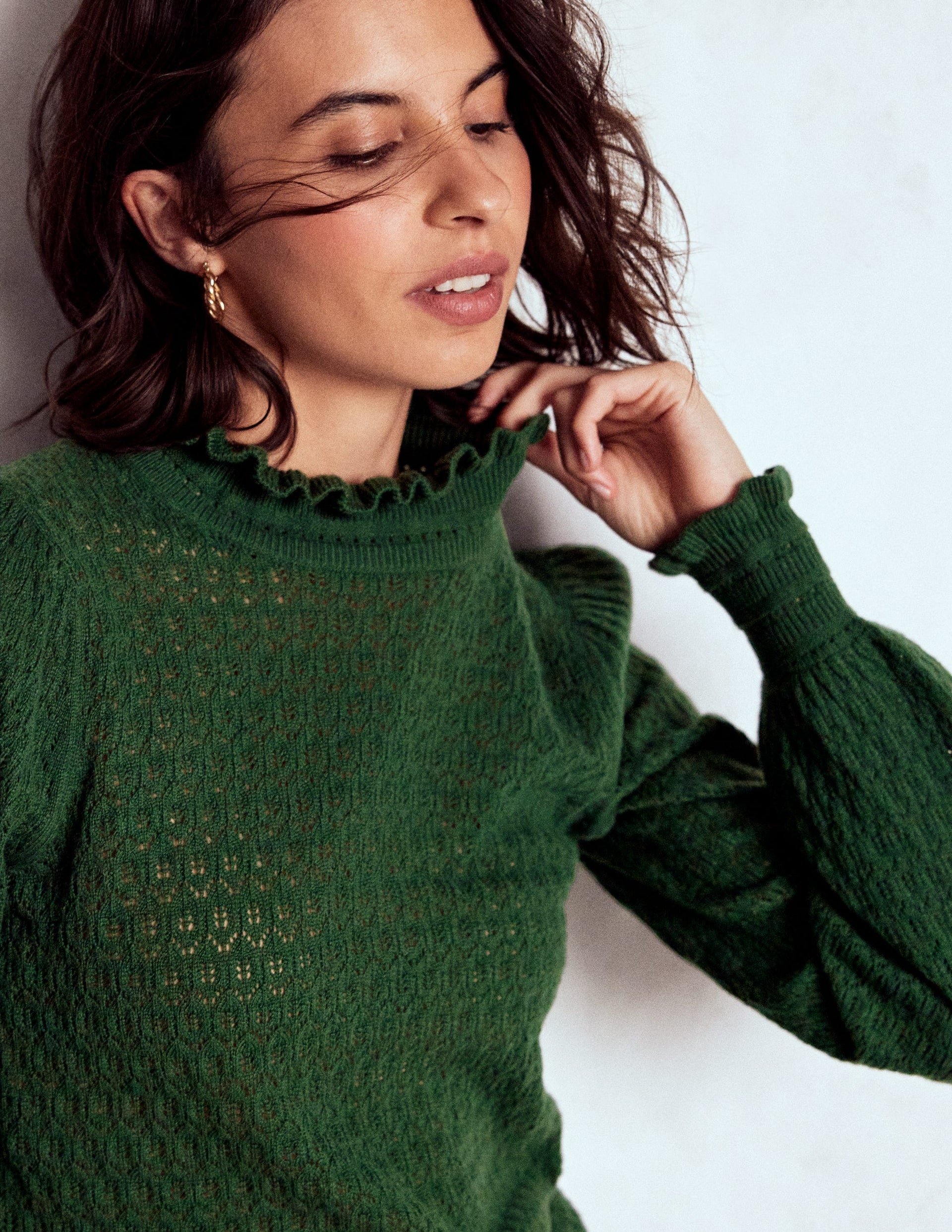 Pointelle Ruffle Sweater-Hunter Green