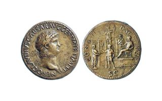 A Roman coin featuring Nero's image, dating to A.D. 64-66.