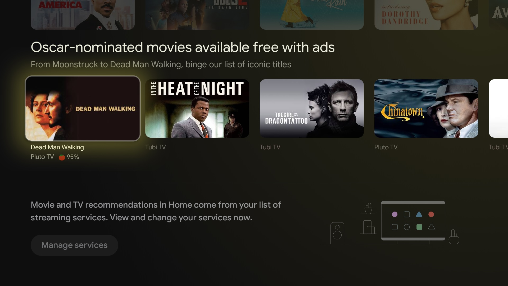 The Google TV screen with Oscar nominee titles you can stream for free
