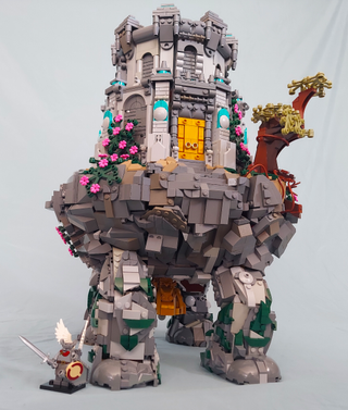 A four-legged walking tomb known as the Wandering Mausoleum from ELDEN RING made of LEGO by designer HoboSapien
