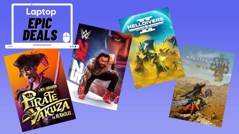 Like a Dragon Pirate Yakuza in Hawaii, WWE 2K25 Helldivers 2, and Monster Hunter Wilds game cover art against a blue gradient background