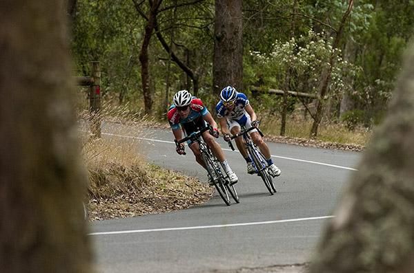 Rohan Dennis drags Eric Sheppard down Fiskens road and towards the finish in Buninyong