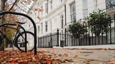 Fallen leaves pictured on the pavement outside residential townhouses in London's Kensington Gardens area, part of the Kensington and Chelsea Council district.