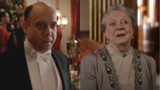 Paul Giamatti stands at a party in Downton Abbey - "The London Season," pictured next to a smiling Dame Maggie Smith in conversation from Downton Abbey: A New Era.