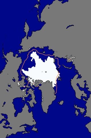 Daily Arctic sea ice extent on September 10, 2010, the reported minimum extent for the year. The orange line indicates the median extent for that same day from 1979 to 2000. The black cross marks the geographic North Pole.