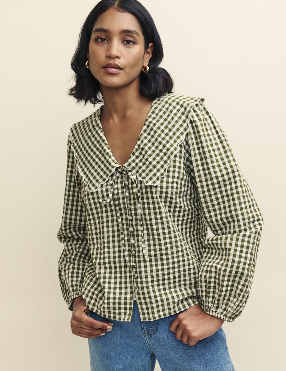 Green Gingham Peter Pan Collar Long Sleeve Blouse