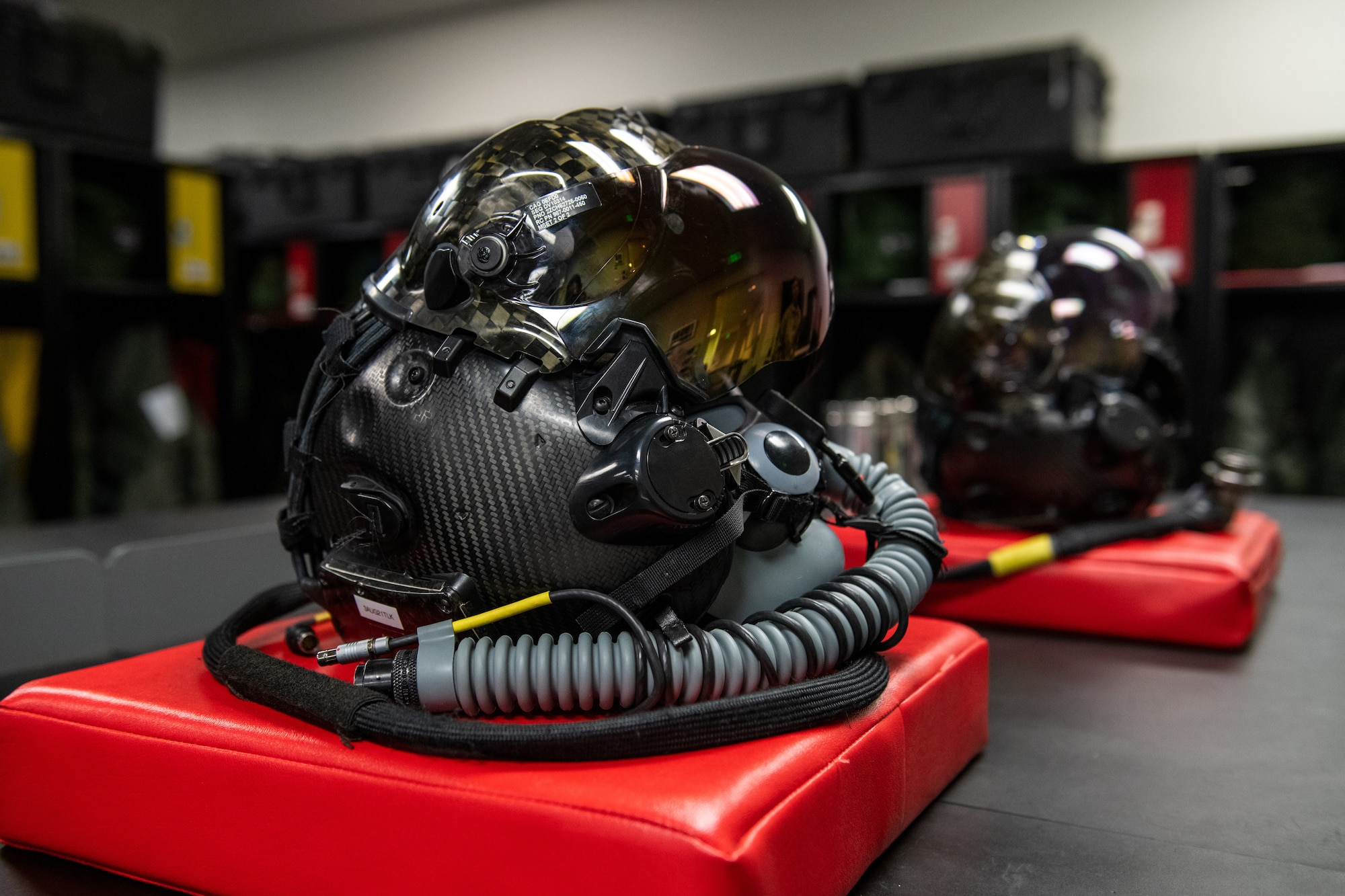 F-35 Gen III helmet units on display by the US Air Force.