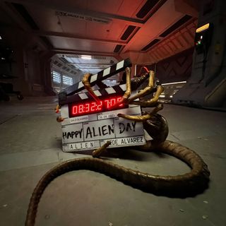 The Alien: Romulus clapperboard and a facehugger, posted on Alien Day 2023