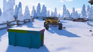 Forza Horizon 6 Sotoyama Treasure Hunt: A yellow Jeep Wrangler looking at a treasure chest on a snowy mountain.