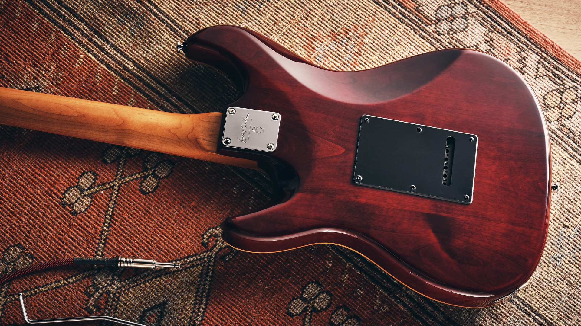 The back of the alder body on the Sire Larry Carlton S7 Ash Top electric guitar