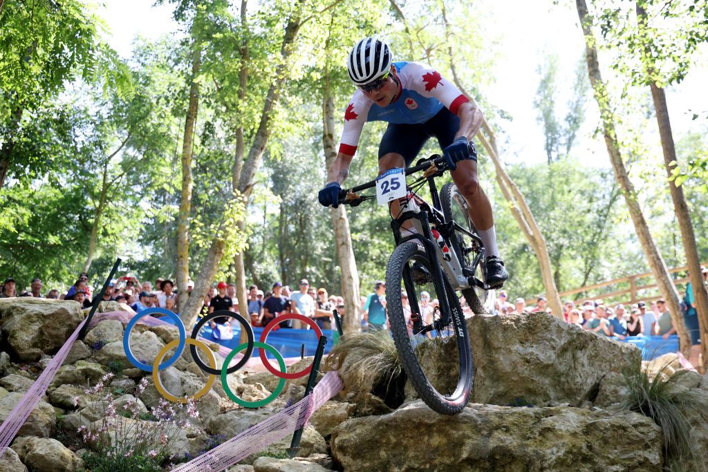 ELANCOURT FRANCE JULY 29 Gunnar Holmgren of Team Canada competes during the Mens CrossCountry on day three of the Olympic Games Paris 2024 at Elancourt Hill on July 29 2024 in Elancourt France Photo by Jared C TiltonGetty Images