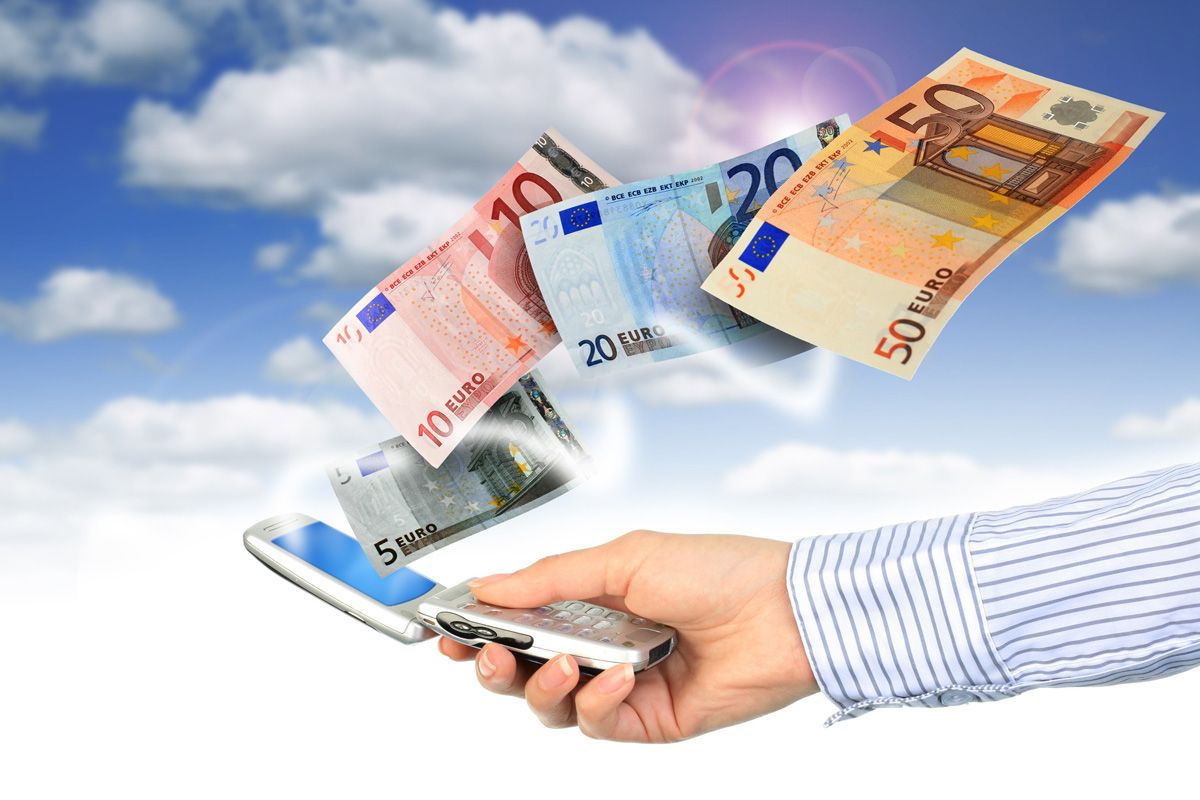 Banknotes seemingly rising out of a mobile phone and into the sky.