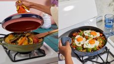 A split image showing the Always Pan being used to cook two different dishes.