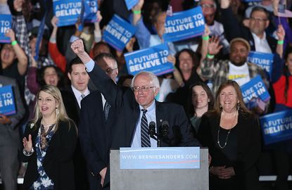 Bernie Sanders delivers his victory speech in New Hampshire.