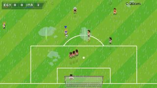 A screenshot of a soccer field during Super Arcade Football, one of the best football games ever made.