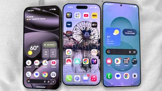 Home screens on a Pixel 10 Pro, iPhone 17, Galaxy s25 plus