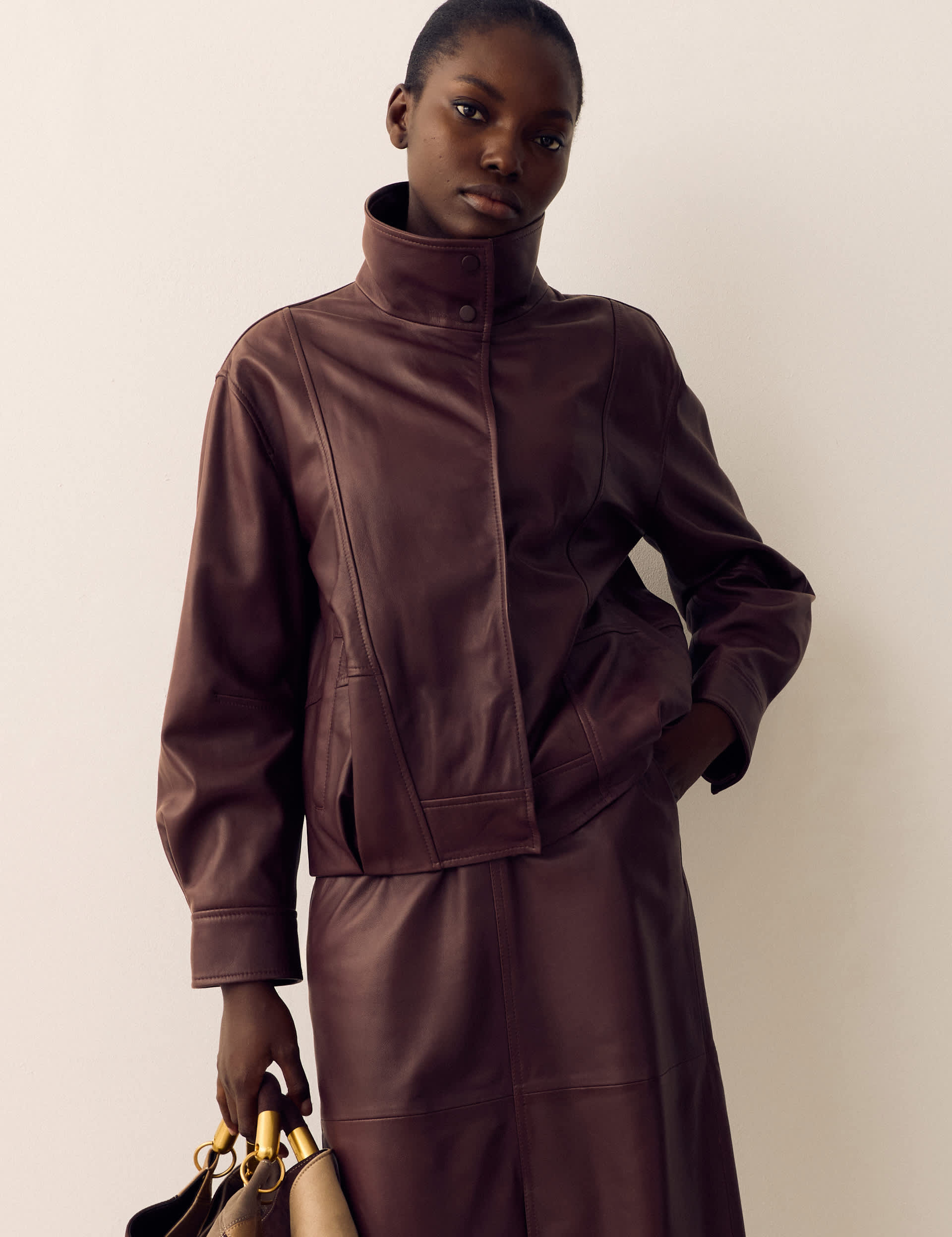 Leather Funnel Neck Jacket