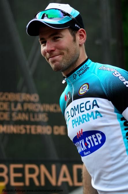 Mark Cavendish (Omega Pharma-Quick Step) steps onto the podium after winning the opening stage at the Tour de San Luis.