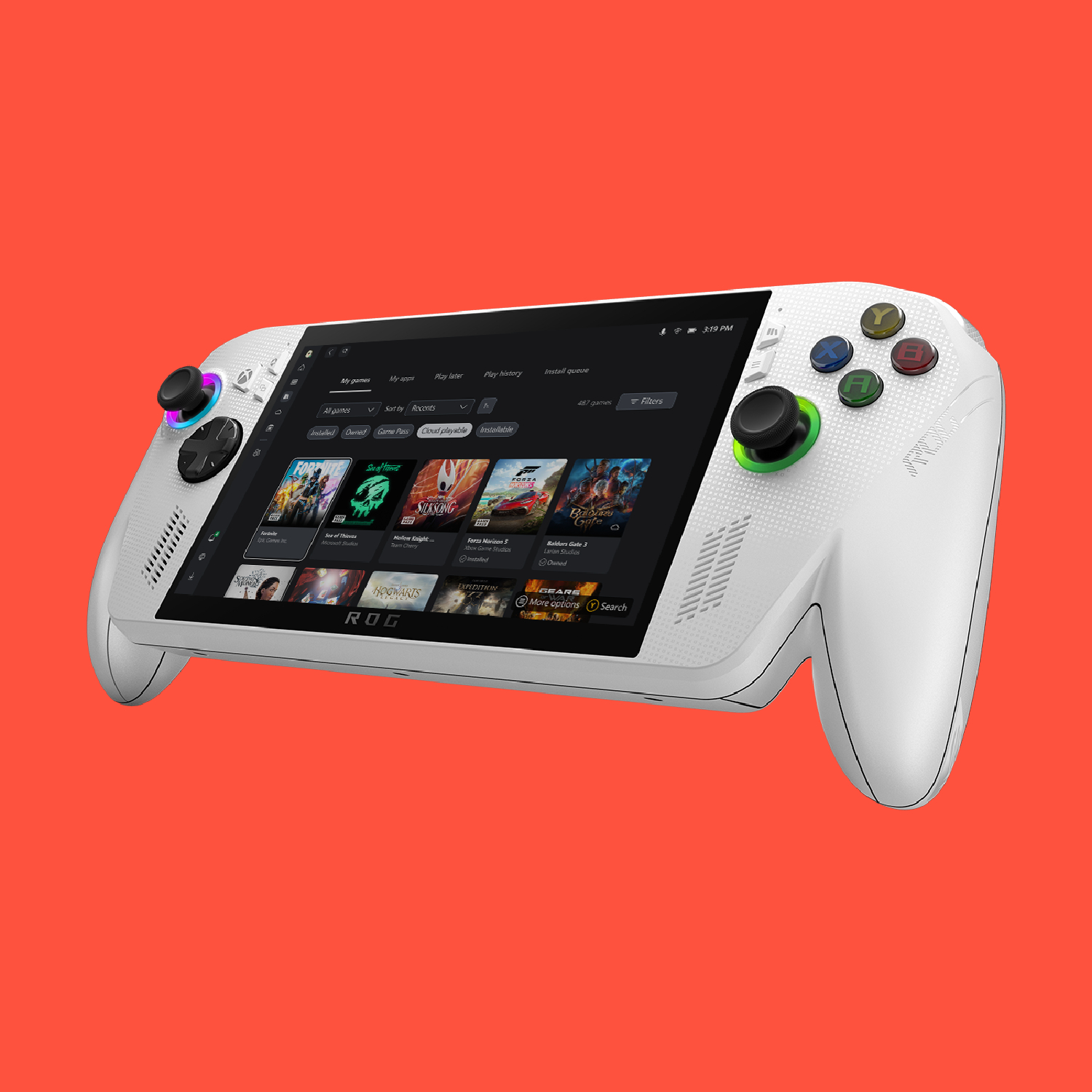 The Asus ROG Xbox Ally handheld gaming PC on a red background