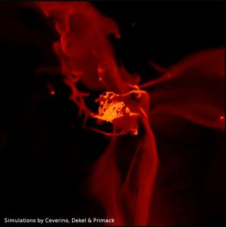 Artistic view of gas forming around a distant galaxy in a large computer simulation.
