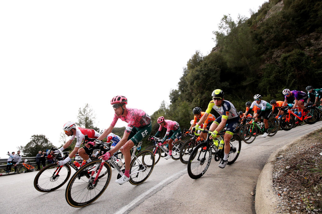 BARCELONA SPAIN MARCH 27 LR PierreLuc Perichon of France and Team Cofidis Hugh Carthy of United Kingdom and EF Education Easypost Jan Bakelants of Belgium and Team Intermarch Wanty Gobert Matriaux compete during the 101st Volta Ciclista a Catalunya 2022 Stage 7 a 1387km stage from Barcelona to Barcelona VoltaCatalunya101 WorldTour on March 27 2022 in Barcelona Spain Photo by Gonzalo Arroyo MorenoGetty Images