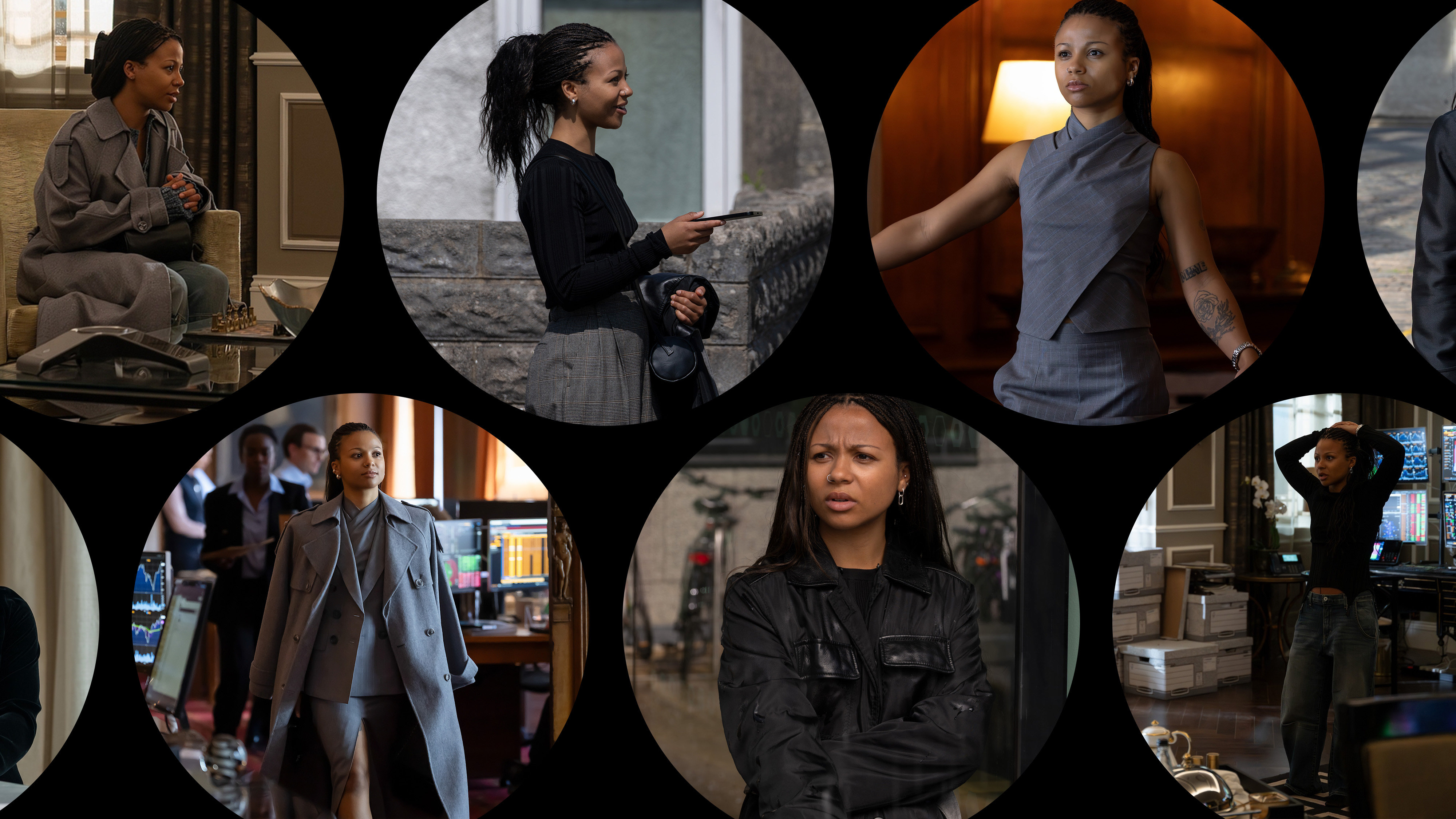 a collage of 'Industry' harper stern's fashion in Season 4 