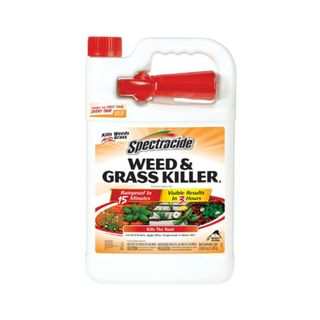 A white plastic container of weed killer with a red lid and sprayer and an orange, white, and black label that says 'weed and grass killer'