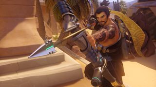 Overwatch 2 Hanzo: pulling back bowstring ready to fire an arrow