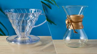 A split image showing the Hario V60 and Chemex