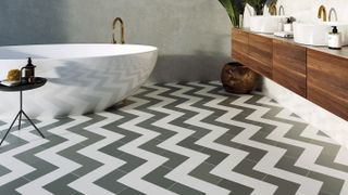 black and white herringbone porcelain tiles in bathroom