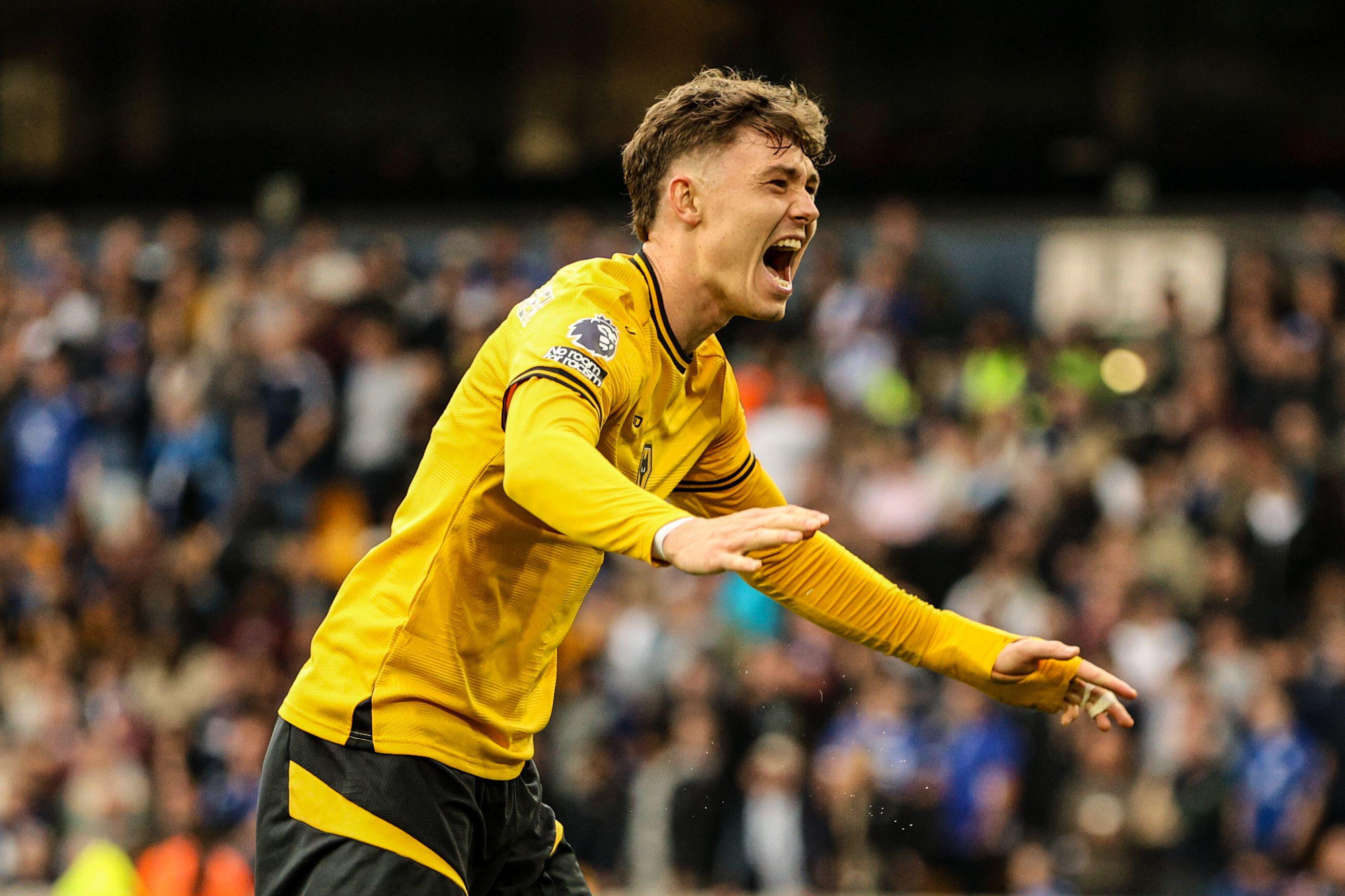 Jorgen Strand Larsen celebrates after scoring for Wolves against Leicester City, April 2025.
