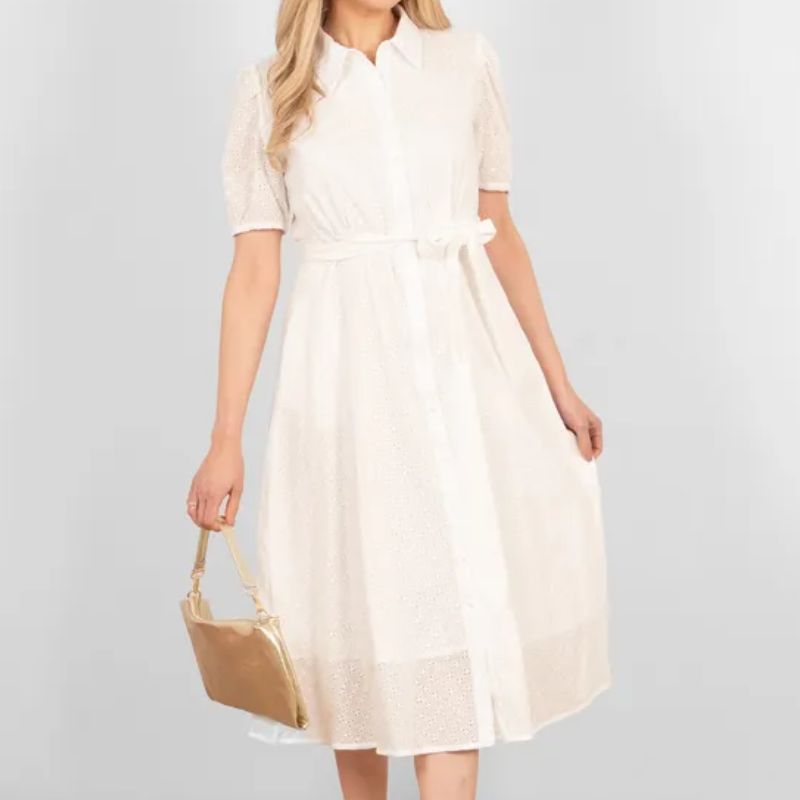 white midi dress with puff sleeves, collar and tie-belt from Debenhams