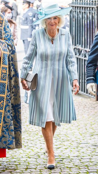 Queen Camilla in a pastel blue stripy dress