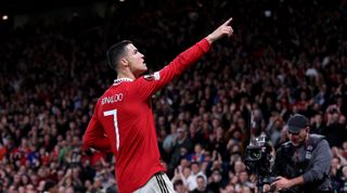 Manchester United striker Cristiano Ronaldo celebrates after scoring his team's third goal in the UEFA Europa League match between Manchester United and FC Sheriff on 27 October, 2022 at Old Trafford, Manchester, United Kingdom