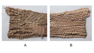 Photos of the Yanghai leather scale armor, including the end piece of the left side panel's inside (A) and outside (B).