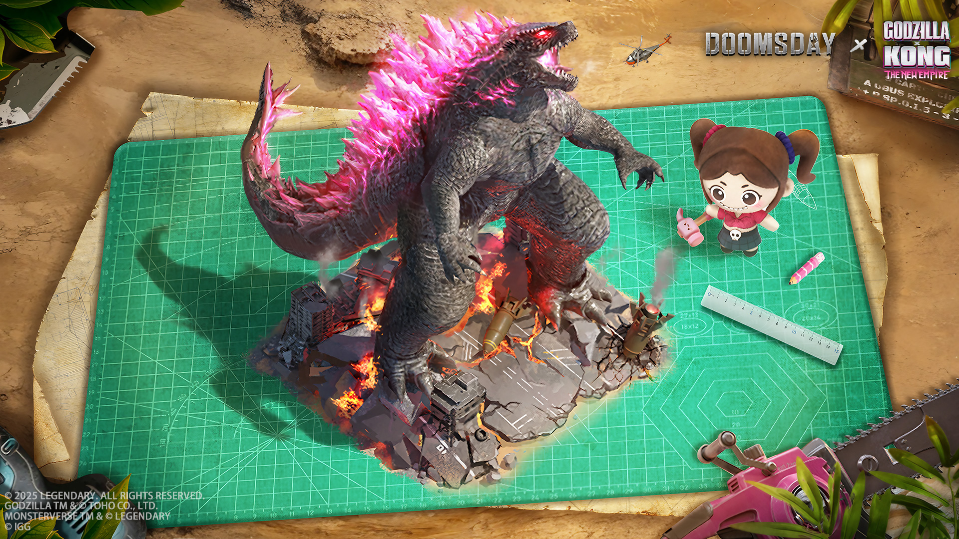 Doomsday Last Survivors art showing a model of Godzilla on construction paper with a smaller model of a girl for scale