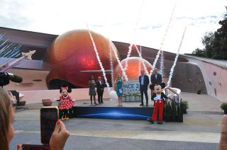 Mickey and Minnie Mouse joined Epcot Center and Delaware North officials for a brief daytime fireworks display celebrating the grand opening of Space 220 on Monday, Sept. 20, 2021.