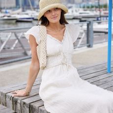 woman in white J.Crew dress