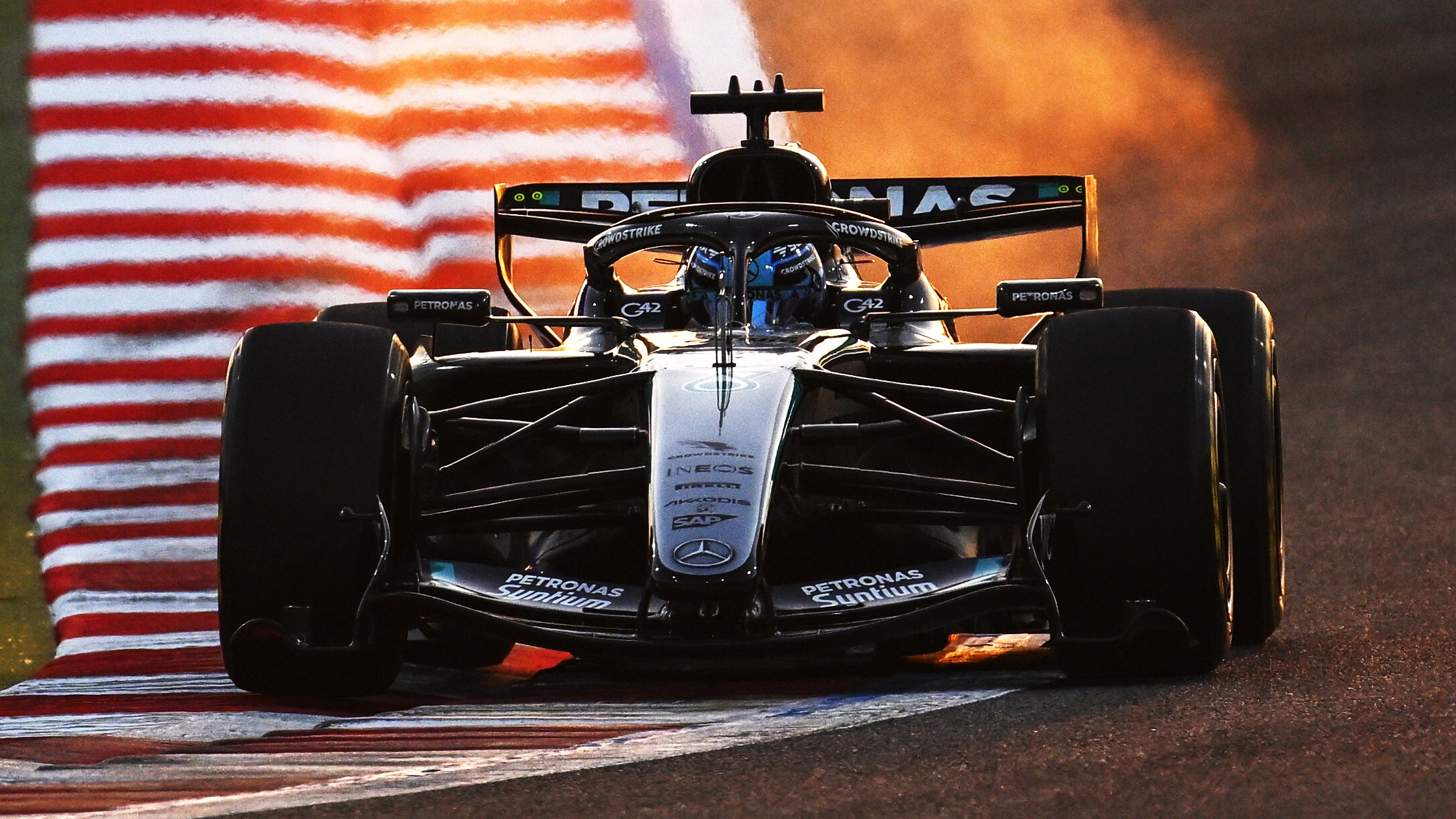 George Russell of Great Britain driving the (63) Mercedes AMG Petronas F1 Team W17 on track during day one of F1 Testing at Bahrain International Circuit on February 18, 2026 in Bahrain, Bahrain. 